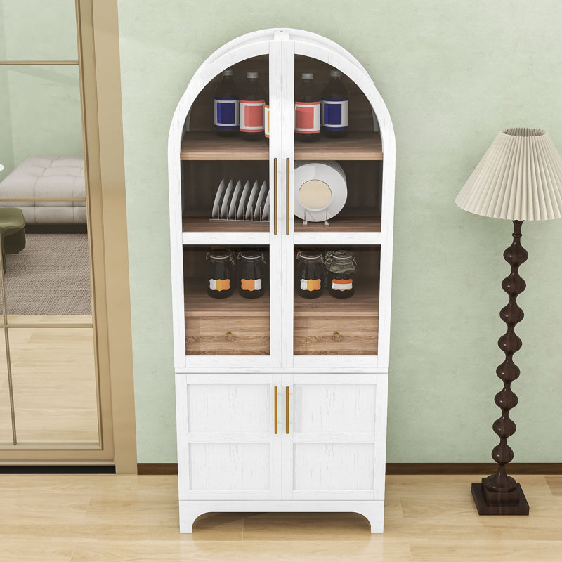 Garde-manger arqué avec tablettes réglables, portes en verre et tiroir de rangement, Blanc