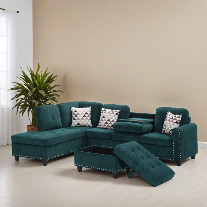 3 - Piece Upholstered Sectional, Green Corduroy