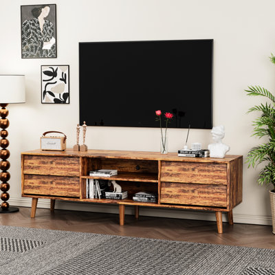Meuble télé 63 po, biseau de style rétro, tiroirs, pieds en bois massif Scratch-