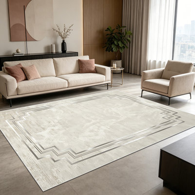 1PC Neutral Beige Geometric Step Border area rugs for Living Room, Soft and Comfortable, Suitable for all seasons, easy-to-maintain, machine washable Indoor floor mat, Under Table Farmhouse suitable for dining table, coffee table, bedroom, entryway,