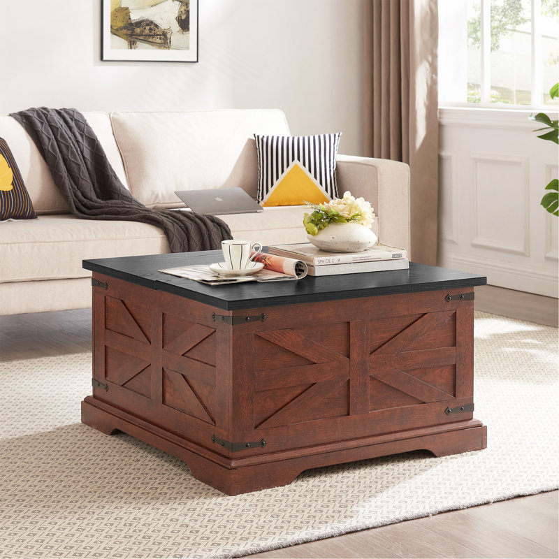 Table basse de style campagnard, table carrée en bois avec grand compartiment de rangement caché pour le salon, table de centre de style grange, table de cocktail rustique avec plateau relevable à charnières pour la maison
