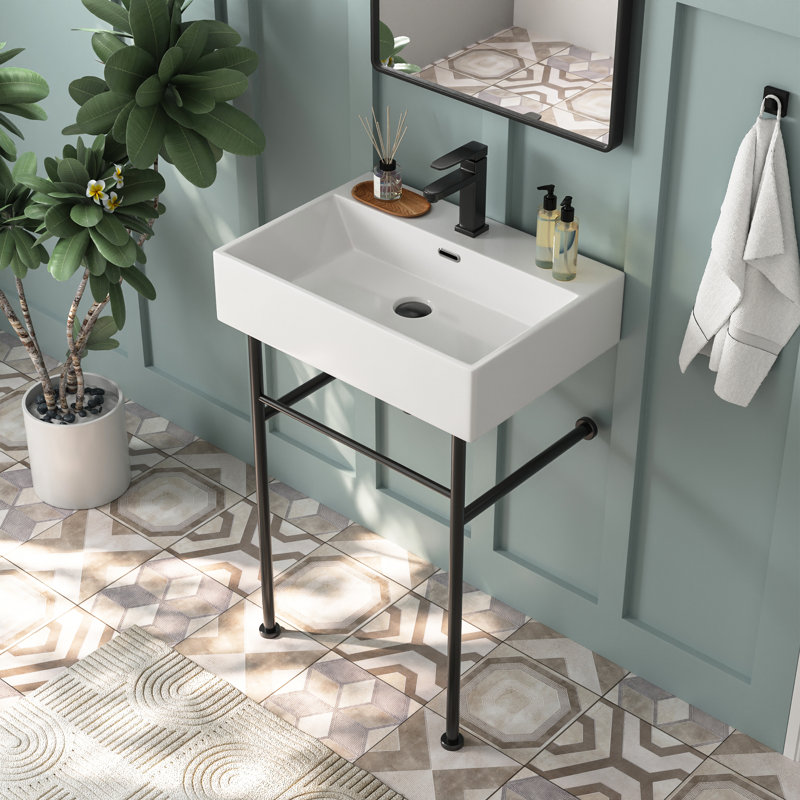 Lavabo de salle de bain console rectangulaire en céramique à trou simple 24 po avec trop-plein, Blanc / noir
