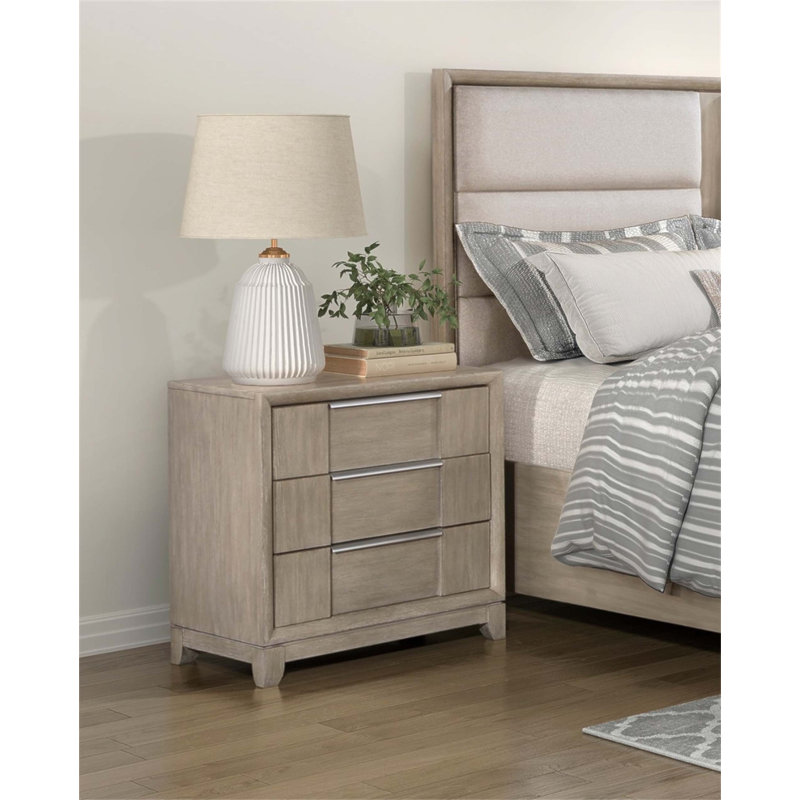 Table de chevet moderne à 3 tiroirs avec port de charge, finition gris clair pour un rangement élégant et pratique