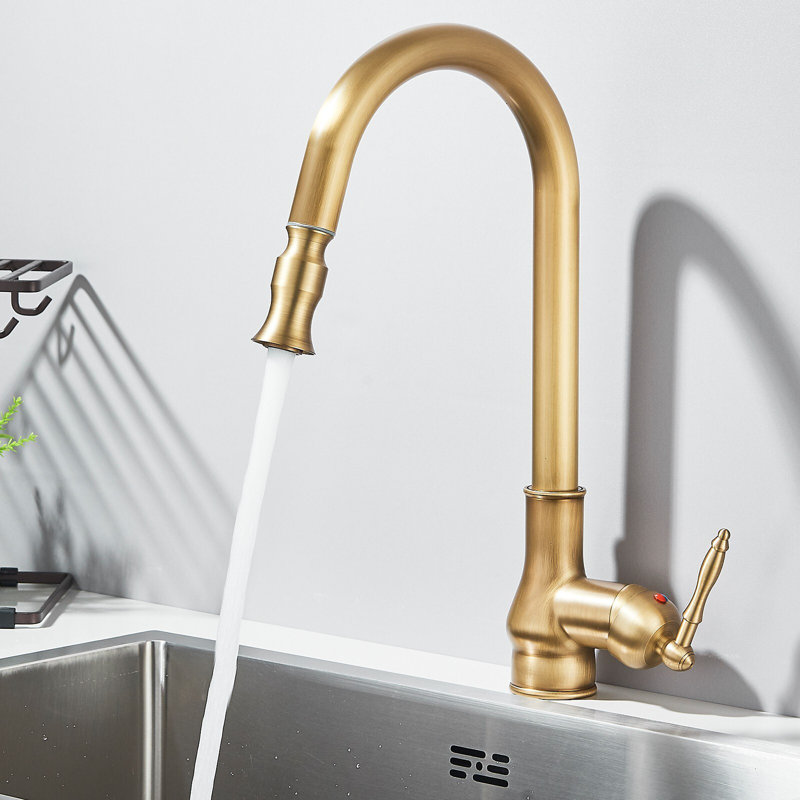 Arlennart Antique Brass High Arc Kitchen Faucet - Vintage Single Handle Pull-Out Spray Swivel Spout for Kitchen Sink
