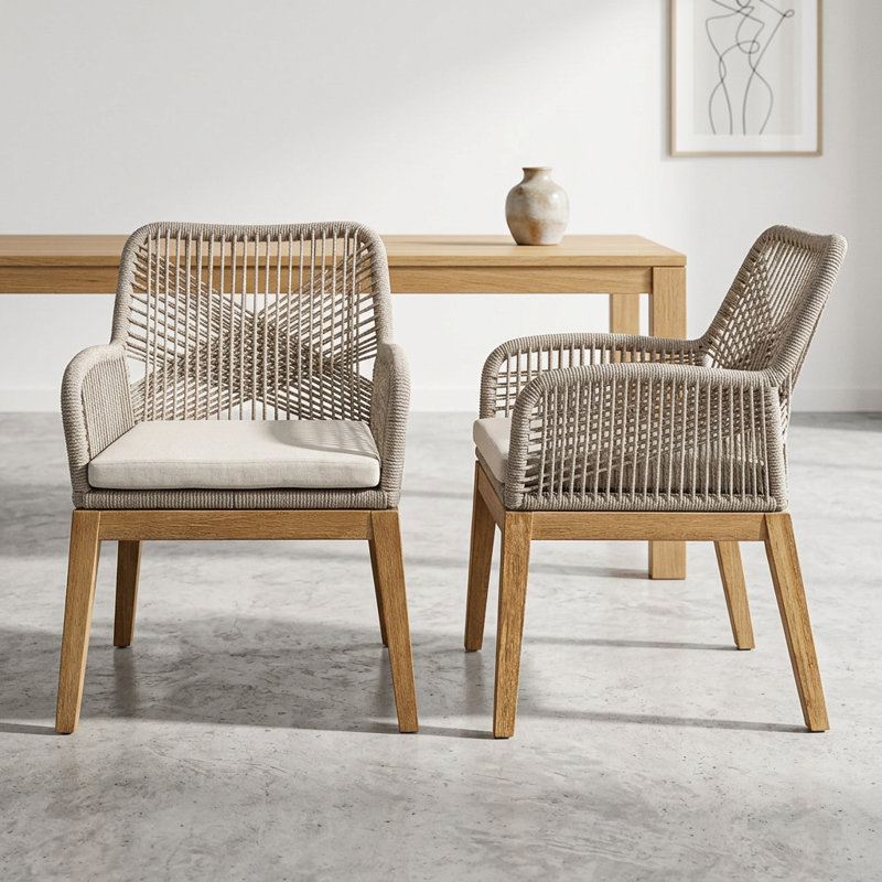 Jana Upholstered Kitchen & Dining Chairs - Solid Wood All-Weather Patio Armchairs (Set of 2), Beige