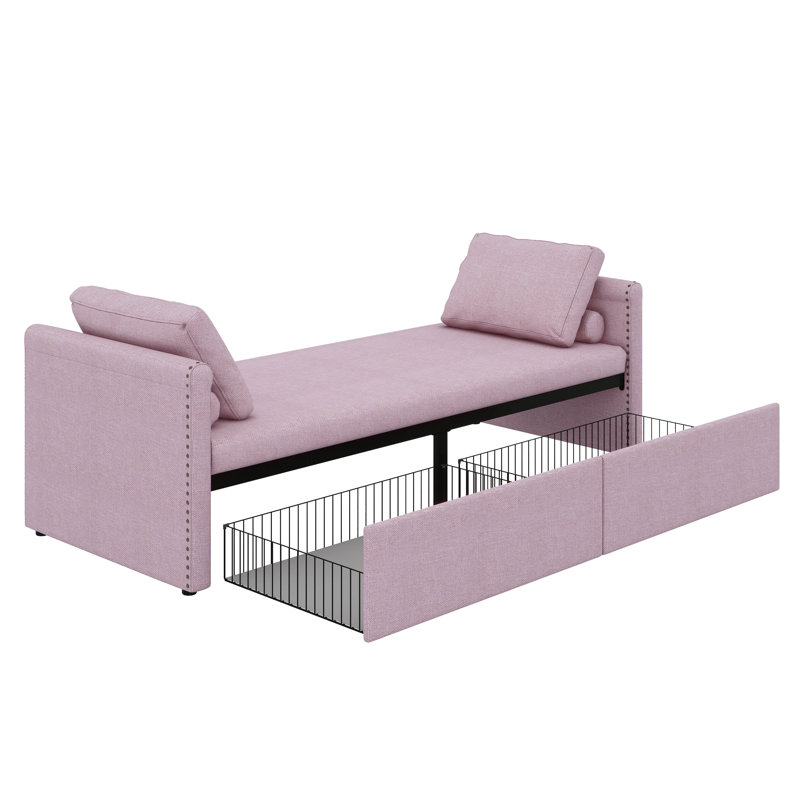 Modern Upholstered Chaise Lounger Daybed - A Small Single Size With 2 Built-In Drawers, Pink