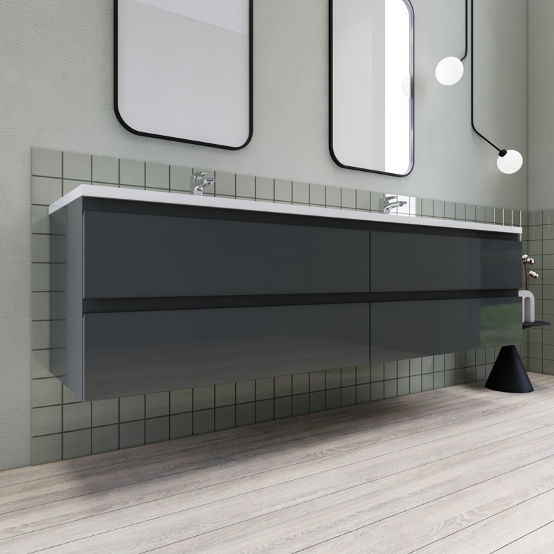 Alfret Ivy Bronx 84" Double Sink Bathroom Vanity Set, Gloss Gray