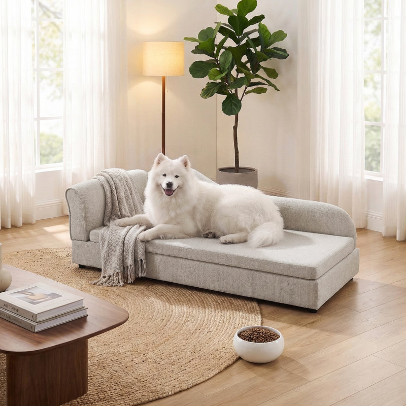 Oversized Chaise-Style Pet Sofa For Medium & Large Dogs With Wave Backrest, Single Armrest, Removable Cushion & Breathable Linen Fabric