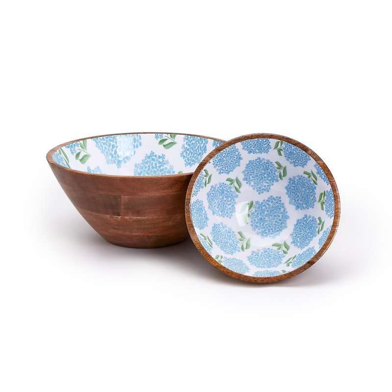 Ensemble de 2 bols d'hortensia en bois de manguier bleu faits à la main - H 6,5 po