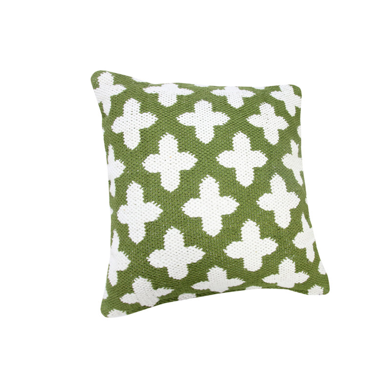Green and White Woven Geometric Cotton Throw Pillow, 20" Square