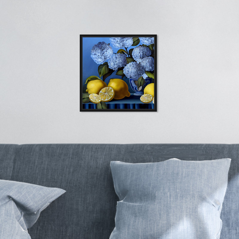 Vase hydrangées et citrons - impression, Impression encadrée, H 13 po x l 13 po, Noir