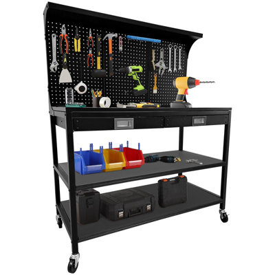 48"x22" Rolling Workbench with Pegboard, 2 Drawers & 3-Tier Shelves – 220 lb Capacity for Garage/Home/Office