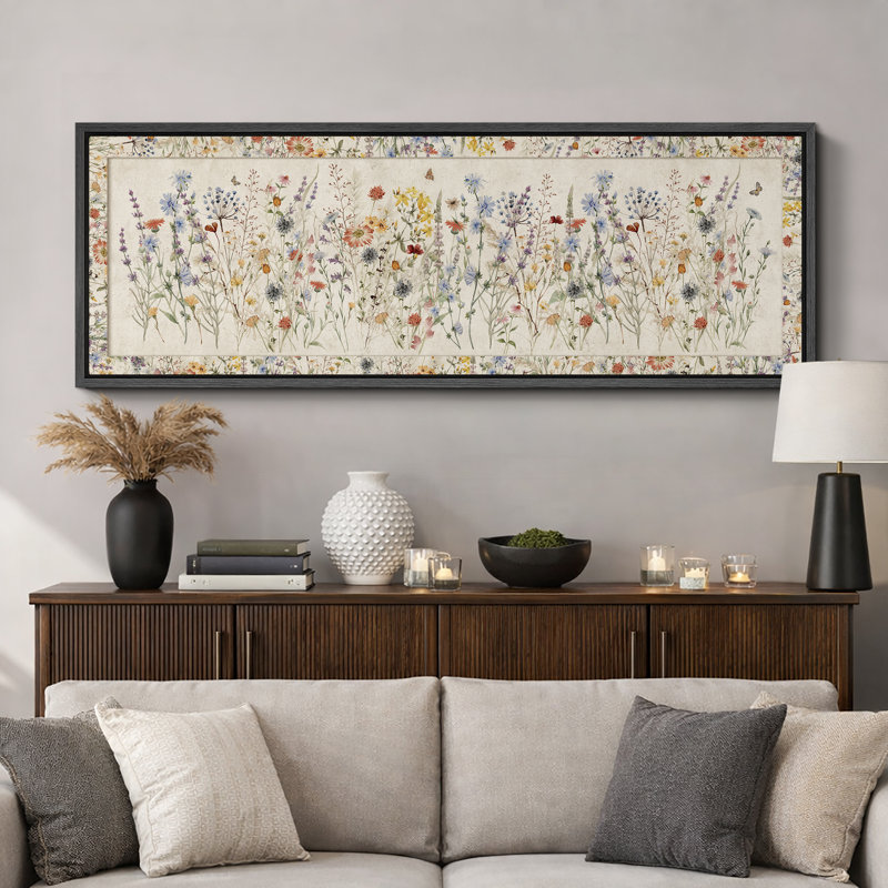 «Vibrant Wildflower Botanical Elegance», reproduction florale foncée encadrée, H 20 po x l 60 po, Noir, noir, noir, noir