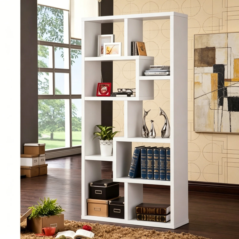 8-Shelf Geometric Bookcase, White