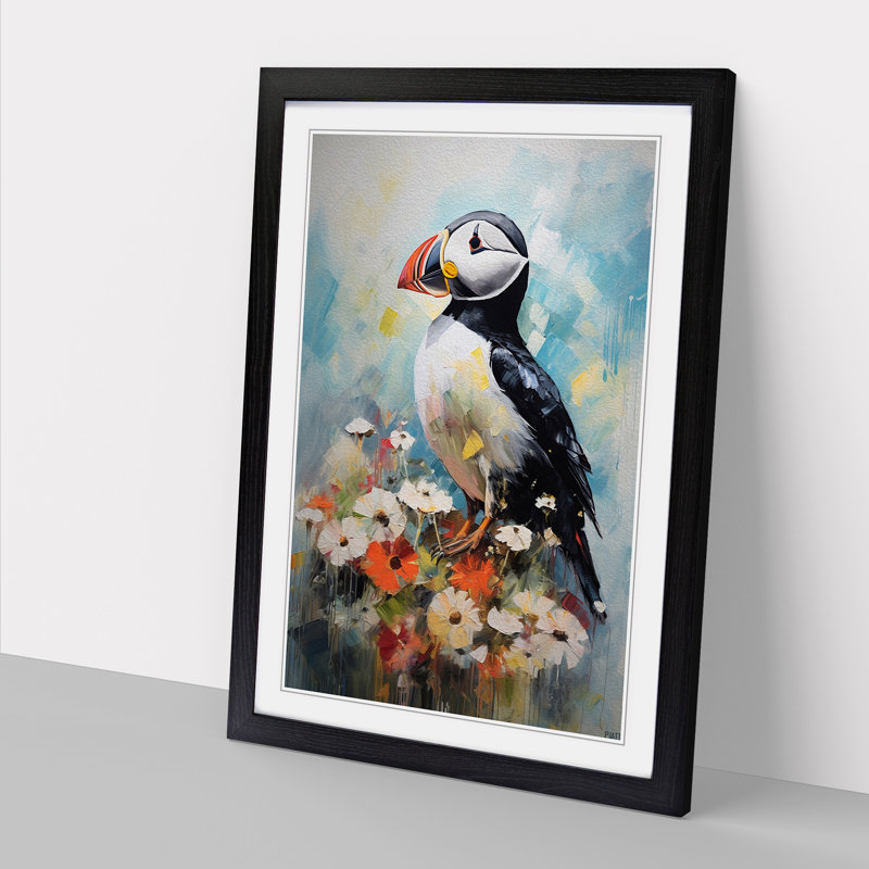 Puffin Impressionism - Single Picture Frame Print on Wood, Black Framed, 64cm H x 46cm W x 2cm D