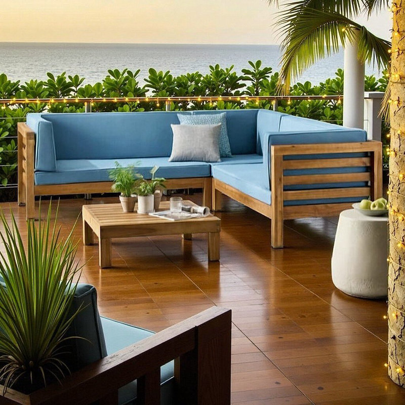 Ensemble de canapé modulaire d'extérieur en bois d'acacia | Siège avec coussins résistant aux intempéries | Mobilier de patio moderne