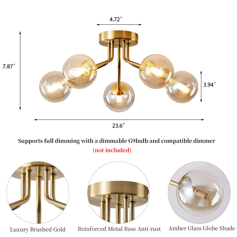 Lustre moderne Spoutnik semi-encastré, finition or clair avec abat-jour globe en verre