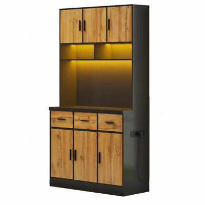 100cm W Large Freestanding Kitchen Cabinet & Microwave Stand with App-Controlled LED & Sockets, Multi-Tier Drawer Pantry Cupboard, Modern Wood