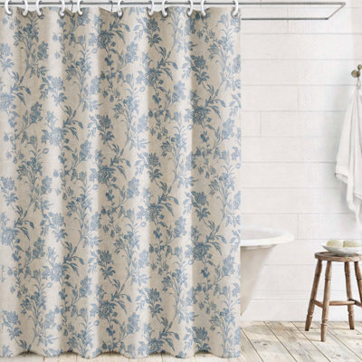 Cottagecore Floral Cotton Linen Shower Curtain (Blue)