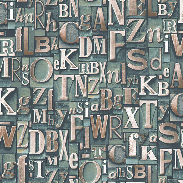 Nostalgie Block Letters Design Wallpaper Roll, Green/Gold