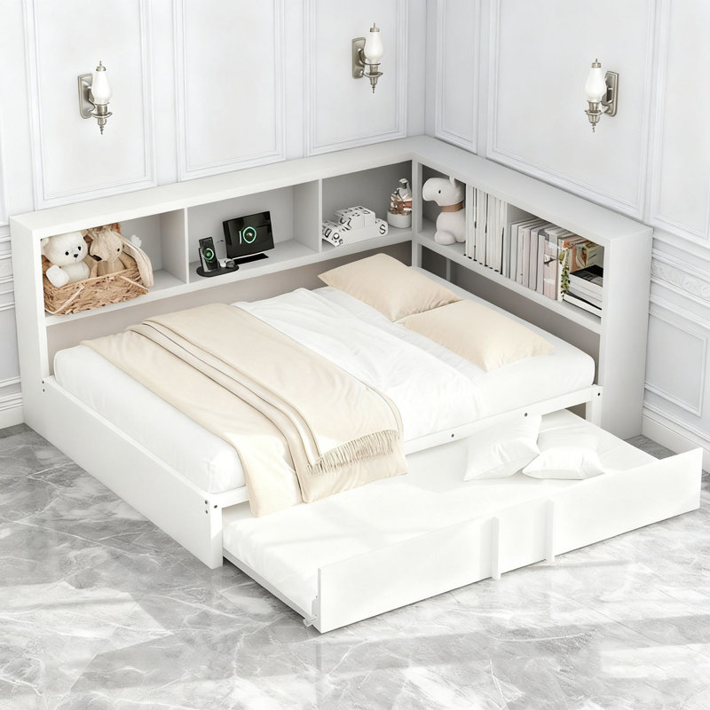 Daybed with Trundle, Storage Cabinets and USB Ports, White