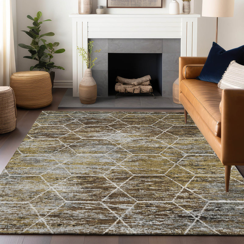 Tapis intérieur / extérieur brun lavable à la machine Xhevrie, Rectangulaire 8 pi x 10 pi