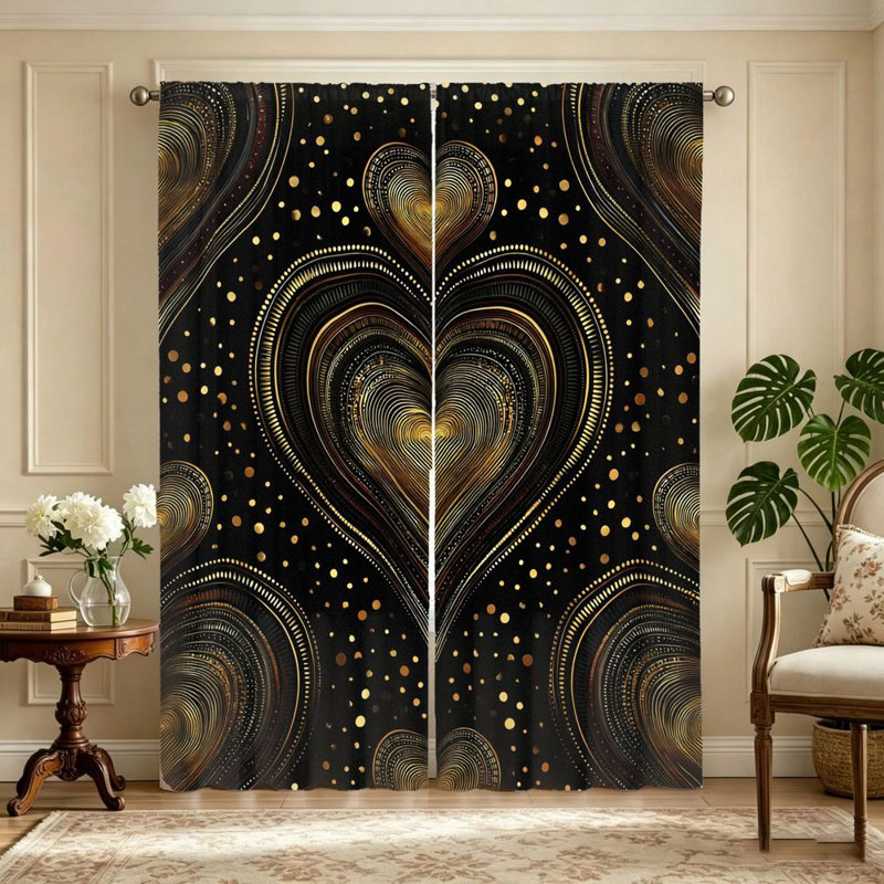 Rideaux abstraits en forme de cœur 2 pièces, motif tourbillon doré complexe, motif art déco, tissu filtrant la lumière pour le salon, la chambre à coucher, le café, la protection de la vie privée, la poche à tringle