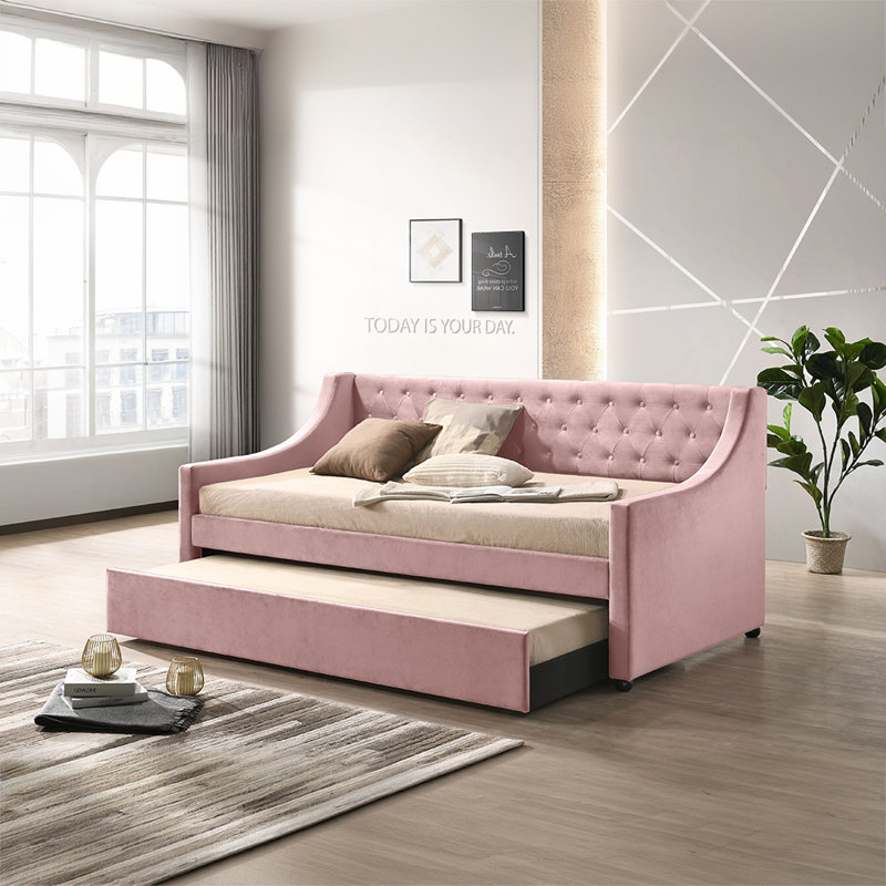 Lit de jour Mindra avec lit gigogne, Lit simple, Rose