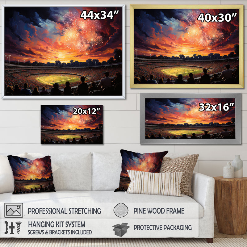 Koley Sport Stadium sous les projecteurs sur toile, H 30 po x l 40 po x P 1,5 po, Cadre flottant doré