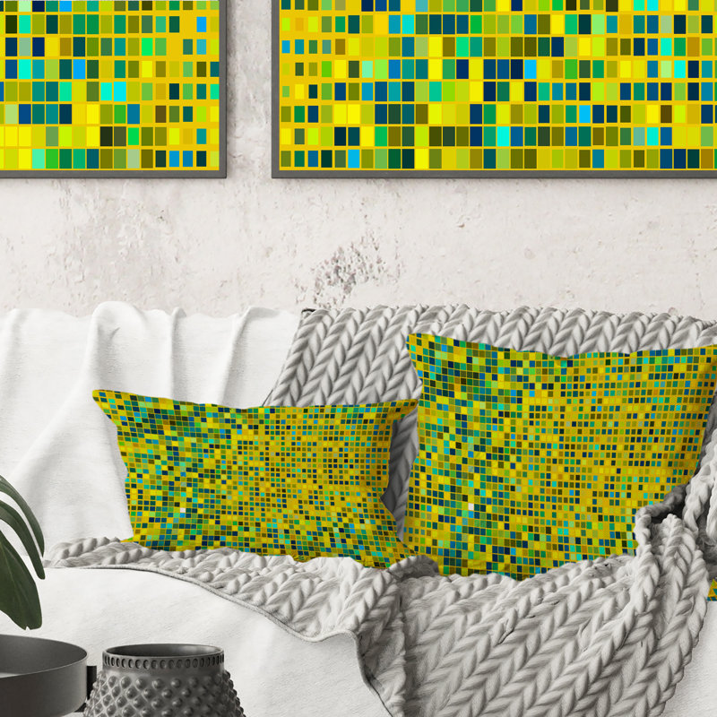 Light Blue Yellow Pixel Cubes - Patterned Printed Throw Pillow, 16" x 16"