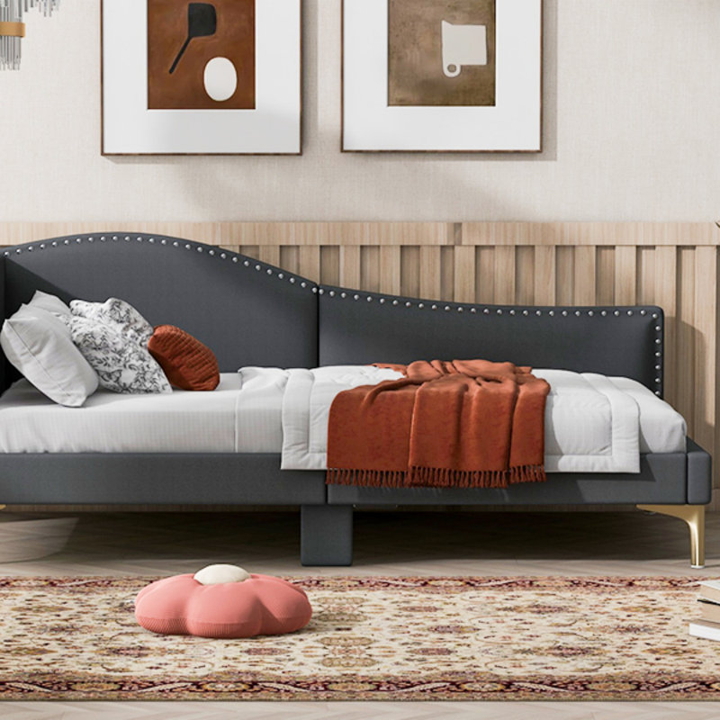 Twin Size Upholstered Daybed With Headboard And Armrest, Support Legs, Twin Size, Grey, Twin