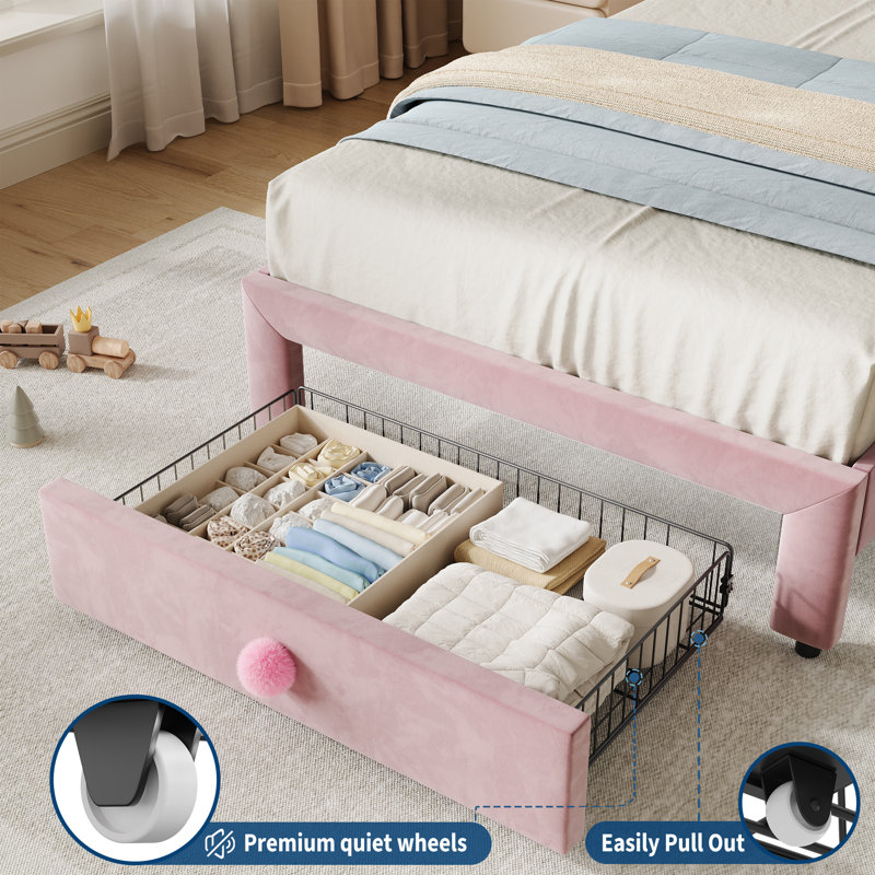 Twin Upholstered Platform Bed Frame with Storage Drawer, Wavy Velvet Headboard, Cream/Pink