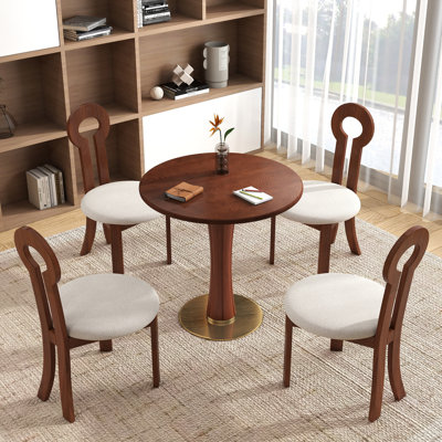5-piece Modern Round Sintered Stone Dining Table Table Set With 4 Leather Chairs