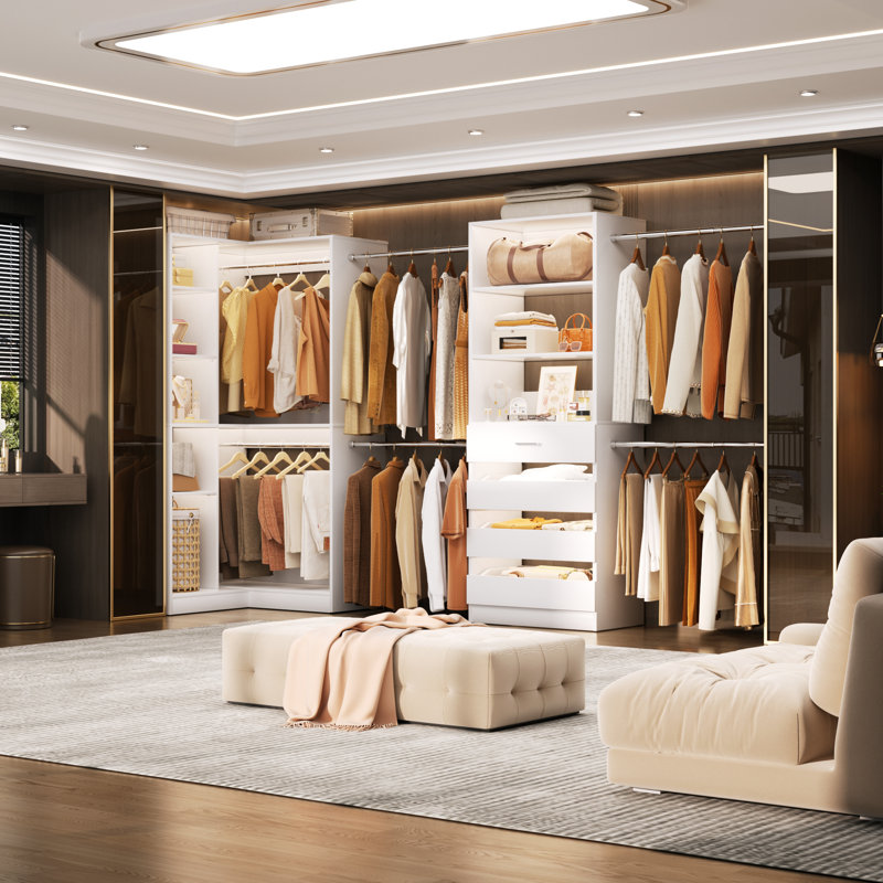 110-151.7Inches Closet System With 6 Rods And 4 Drawers, White