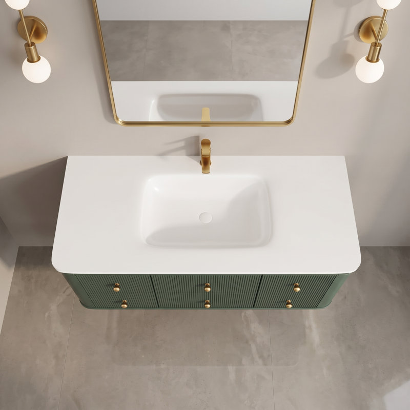 Meuble-lavabo mural vert antique 48 po avec armoire en bois massif et lavabo en acrylique