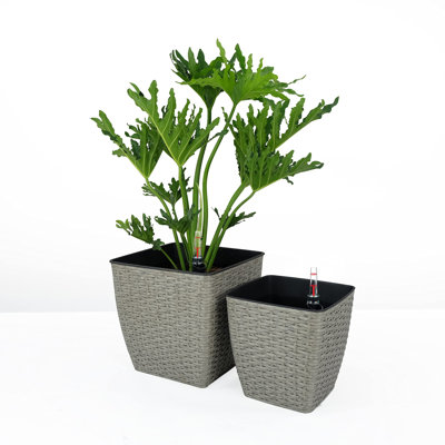 Paquet de 2 jardinières à arrosage automatique - Osier tissé à la main - Carré fin