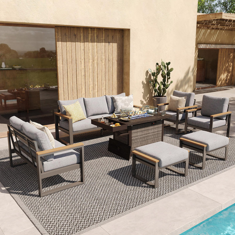Outdoor 7-piece Patio Furniture Set With Fire Pit Table, 9-person Seating Sofa Set, Gray