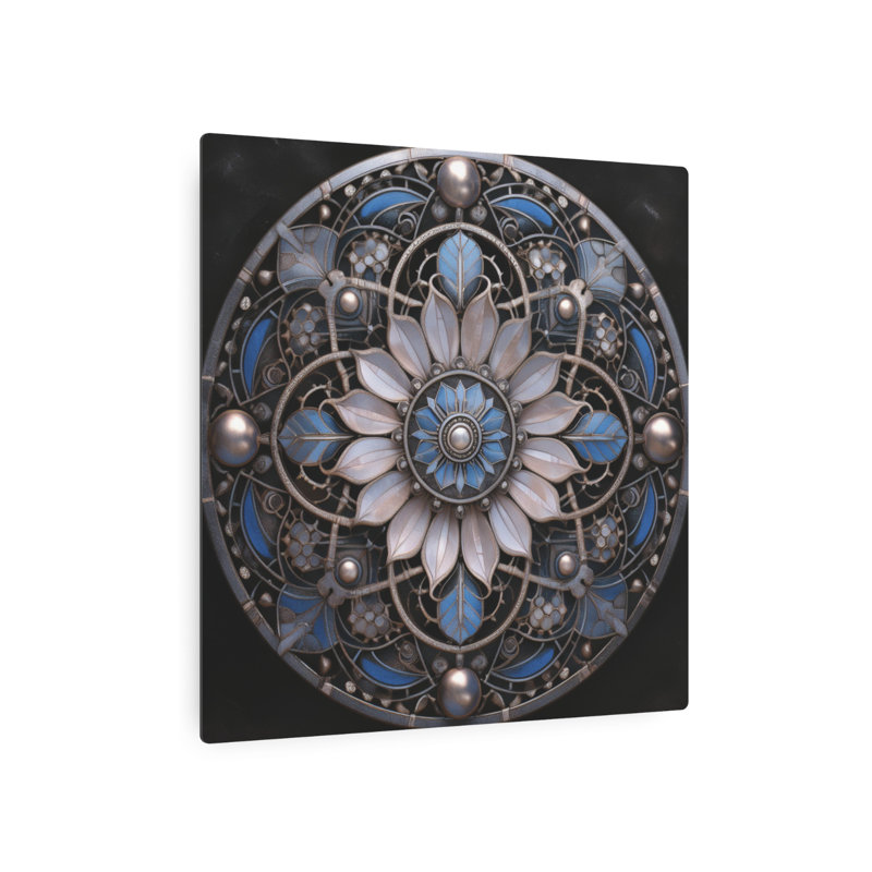 Mandala en cercle métallique, centre bleu, motif floral