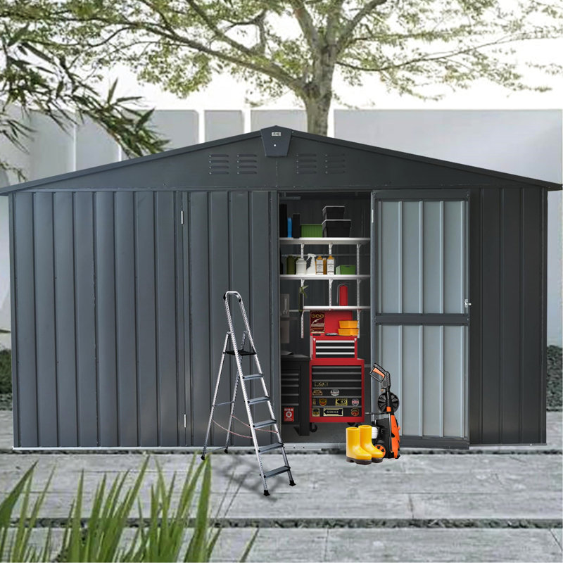 Remise de jardin 11 pi x 9 pi, gris foncé, cadre en acier galvanisé, porte verrouillable, espace pour les outils et les vélos, remise de construction rouille de 9 pi, rangement dans la cour, équipement spacieux et résistant aux intempéries