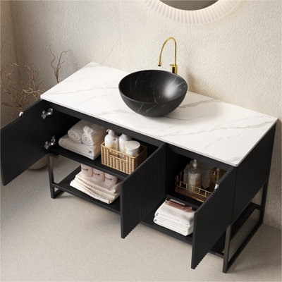 Ensemble de meuble-lavabo et de meuble-lavabo autoportant avec 3 portes et 3 tablettes ouvertes, cuve en céramique noire avec motif en pierre et comptoir en pierre frittée blanc de Carrare, noir (nouveau SKU) TULIO