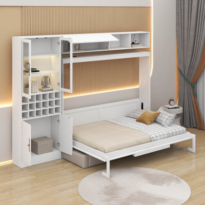 Lit escamotable double pleine grandeur avec canapé, tablettes USB et lumière