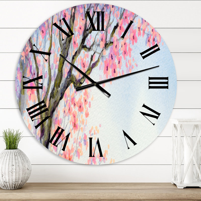 Bel oiseau rose sur une branche en fleurs II - Horloge murale traditionnelle, Surdimensionné