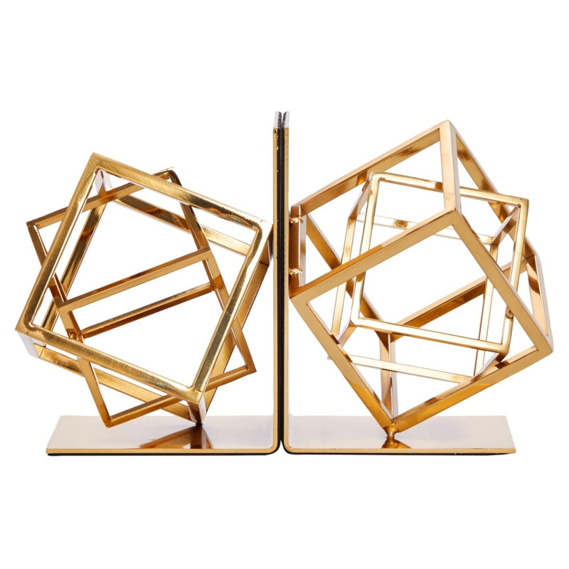 Gold Geometric Metal Bookends with Slip-Resistant Pads