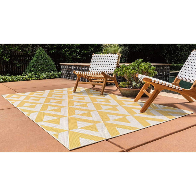 Tapis intérieur / extérieur en polypropylène tissé à la machine géométrique jaune / ivoire, Rectangle 4 pi x 6 pi