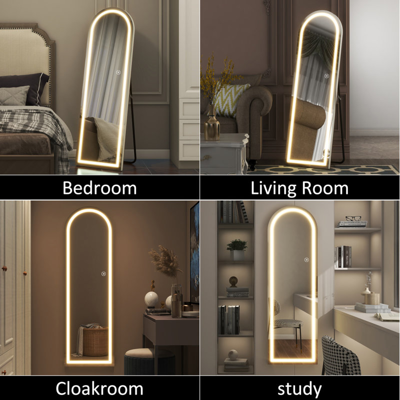 Miroir de salle de bain à DEL arqué à angle droit argenté pleine longueur à DEL avec support en aluminium 63 po x 20 po 1 po pour vestibule de chambre à coucher, salon / vestiaire