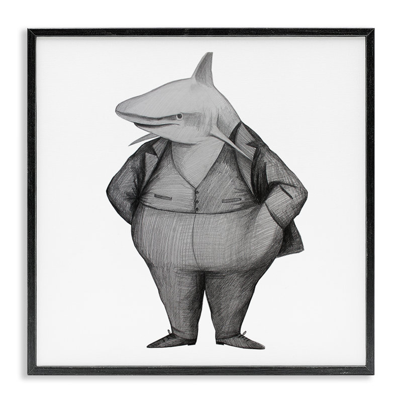 Requin en costume, estampe numérique, design par Violeta Vollmer, H 12 po x l 12 po, Giclée noire de minuit encadrée