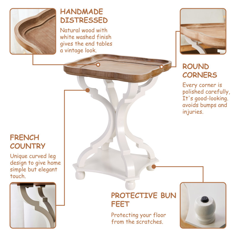 Set of 2 White and Natural Wood Tray Top End Tables