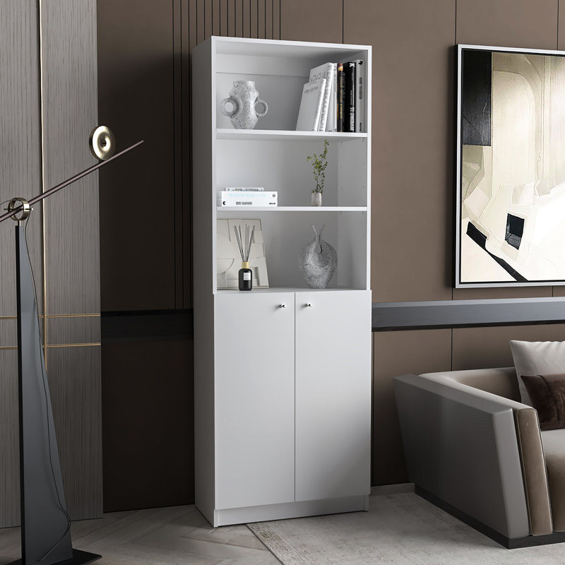 Bibliothèque à 2 portes en blanc, créant une solution de rangement élégante en blanc avec des tablettes ouvertes et à double porte