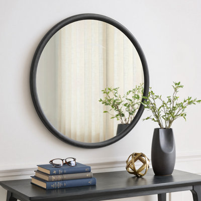 30'' Leyburn Modern Round Solid Wood Black Framed Wall Mounted Mirror For Bathroom&Bedroom