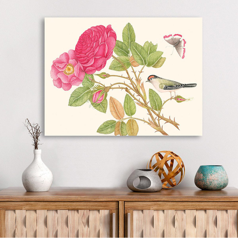 A Bird on Rose Branch 1 Piece Wrapped Canvas Painting, 50cm H x 70cm W x 4cm D